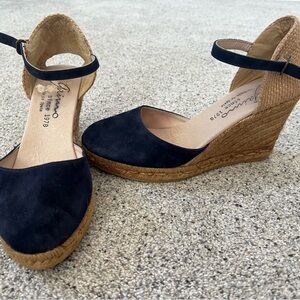 Gaimo Navy Blue and Tan Wedge Espadrille Shoes